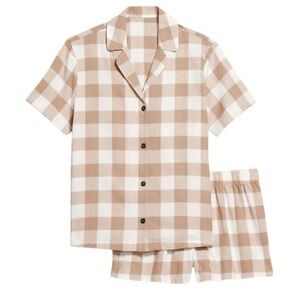 Old Navy Womens 4X Pajama Set Tan White Buffalo Plaid Cotton Shirt Shorts NWT